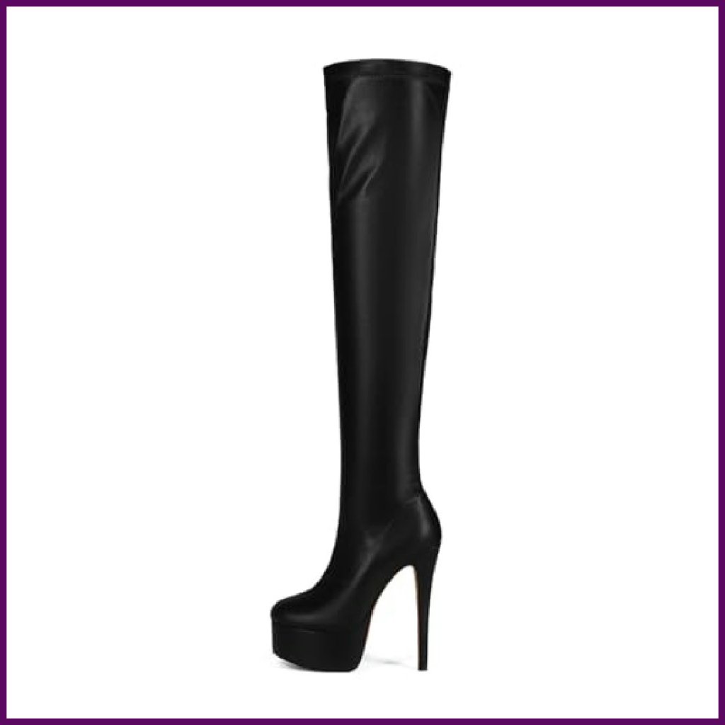 Women's Over Knee High Stiletto Platform Heel Boots Black Leather